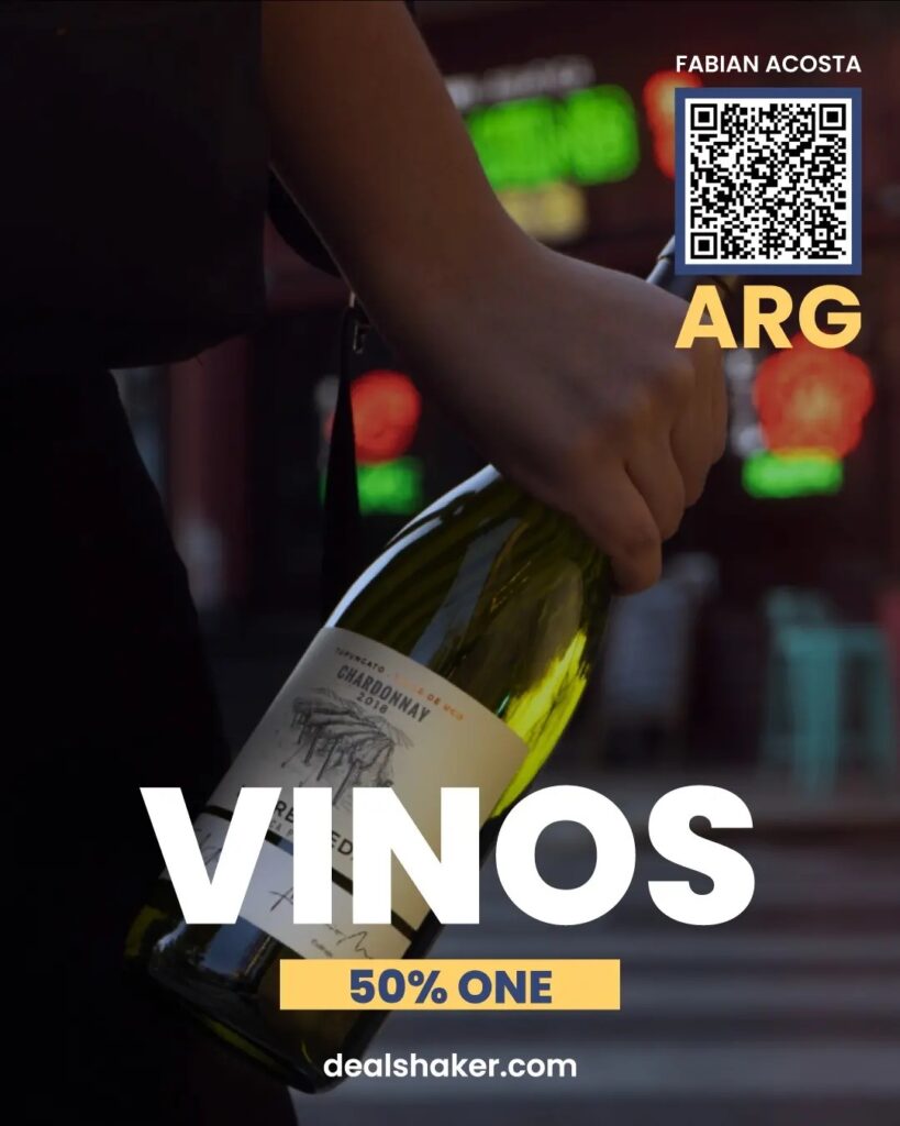 輸入転売 越境EC 「vinos 50 % one」と書かれたアルゼンチンワインチン（アルゼンチンワイン）のボトルを持っている人。